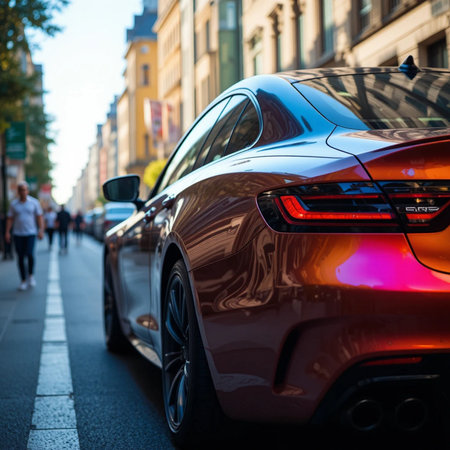 Rear view of a luxury car in Stockholm, Sweden.の素材