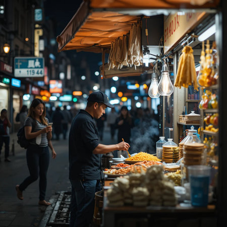 Street food vendor at night in Kuala Lumpur, Malaysia.の素材