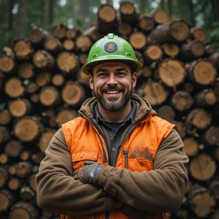 Portrait of a happy lumberjack in a green hard hat standing with crossed arms in the forestの素材