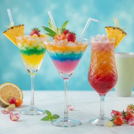 Variety of fruit cocktails on white marble table over blue background.の素材