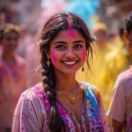 Unidentified Bengali people at the Holi festival in Kolkata, West Bengal. Holi is one of the biggest festivals in India.の素材