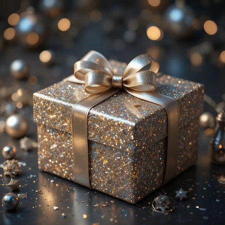 Christmas gift box with gold bow on dark background with bokeh effectの素材