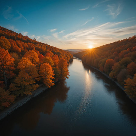 Aerial view of river in autumn forest at sunset. Beautiful nature landscapeの素材