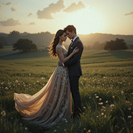 Bride and groom on the background of the setting sun in the fieldの素材