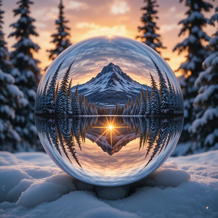 Reflection in crystal ball of snowy mountains, Lake Louise, Banff National Park, Alberta, Canadaの素材