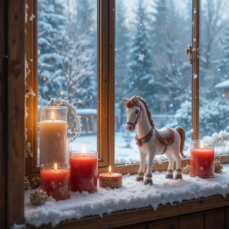 Christmas decoration with burning candles and toy horse on window sill in winterの素材