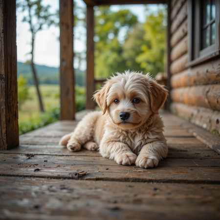 Cute puppy on a wooden porch of a country house in summerの素材