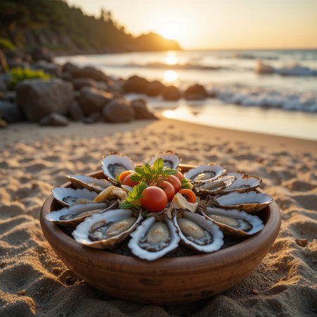Oysters in a wooden bowl on the beach at sunset.の素材