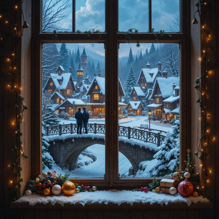 Man and woman standing on the windowsill and looking at the winter village.の素材