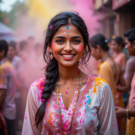 Unidentified Hindu people at Holi festival in Kolkata, West Bengal, India. Holi is celebrated as the festival of colours.の素材