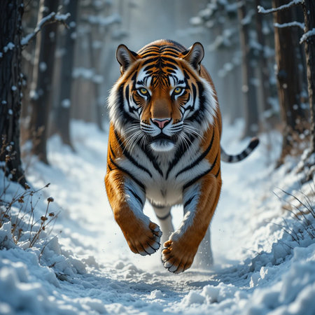 Siberian Tiger running in winter forest. Beautiful, dynamic and powerful photo of this majestic animal. Set in environment typical for this amazing animal.の素材