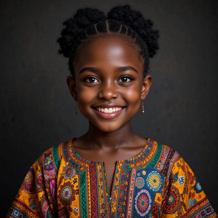 Portrait of a beautiful African American girl smiling at the cameraの素材