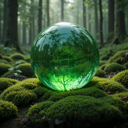 Crystal ball with green forest background. Ecology concept. 3D Renderingの素材