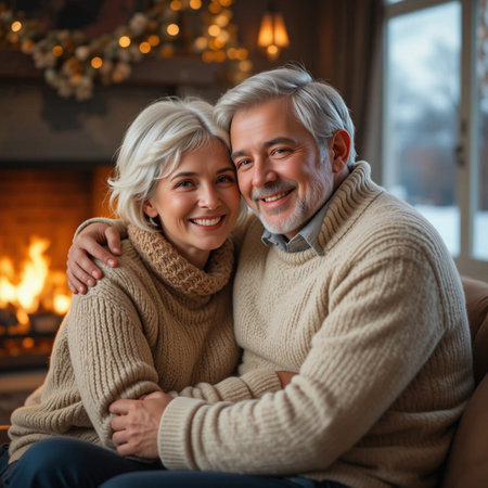 Portrait of happy senior couple sitting in front of fireplace at homeの素材