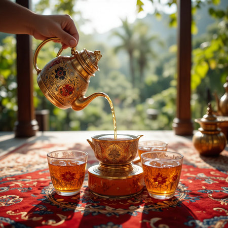 tea ceremony with teapot and cups on the terraceの素材
