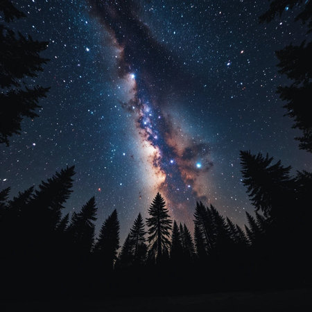 Milky Way in the night sky with stars and fir trees.の素材