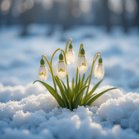 Snowdrop flowers in the snow. Early spring. Nature background.の素材