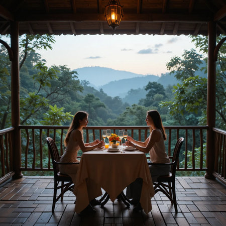 Two beautiful women are sitting at the table in the restaurant and talking.の素材