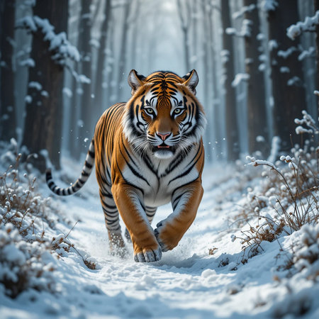 Siberian Tiger in the winter forest. 3d illustration.の素材