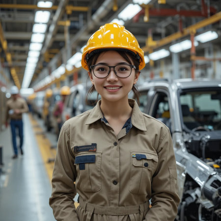 portrait of young Asian woman engineer smiling and looking at camera in factoryの素材