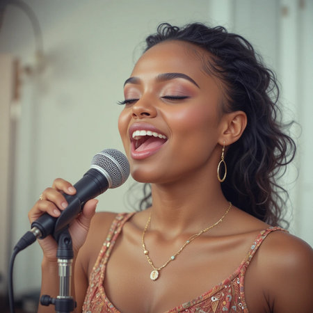 Portrait of beautiful young African American woman singing into microphoneの素材