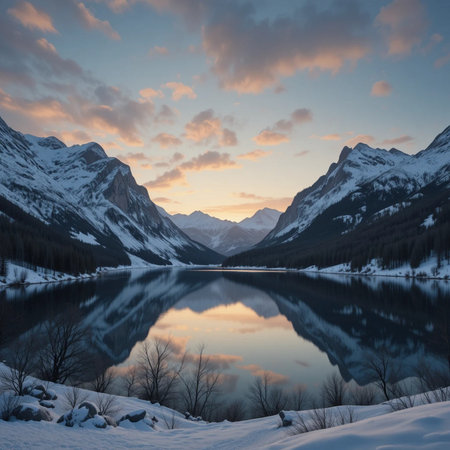 Beautiful winter landscape. Lake in the mountains at sunrise. Sunset.の素材