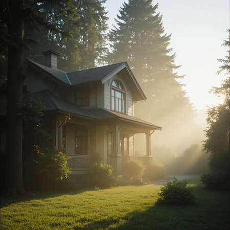 Sunrise in a beautiful wooden house in the middle of the forestの素材
