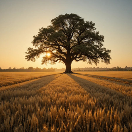 Sunset over a field of wheat with a tree in the foregroundの素材