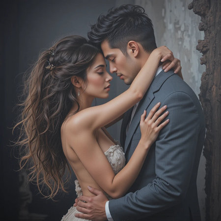 Portrait of a young couple in love. Bride and groom embracing each otherの素材