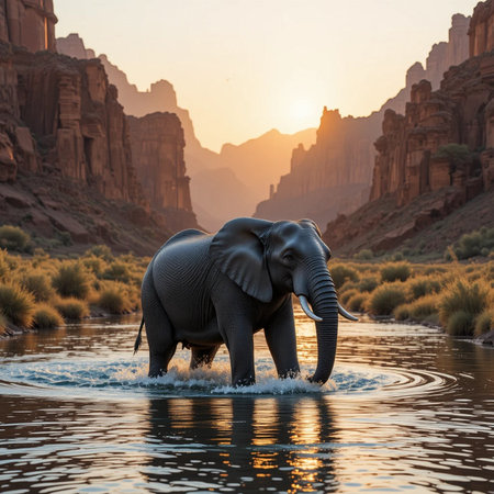 Elephant in the water at sunset, Monument Valley, Arizona, USAの素材