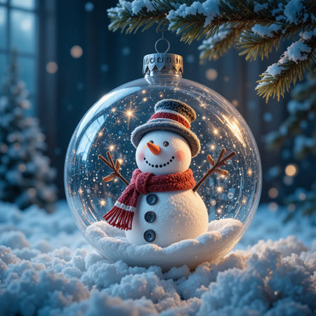 Snowman in a glass ball on the background of a winter forestの素材