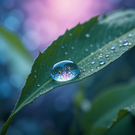 Water drop on green leaf with bokeh background, nature conceptの素材