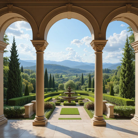 Garden with columns and fountains in Tuscany, Italyの素材