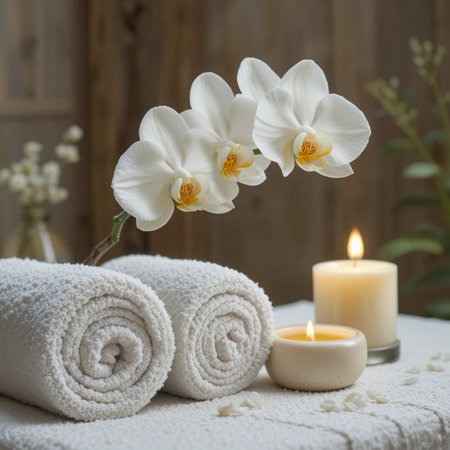 Spa still life with white orchids, candles and towelsの素材