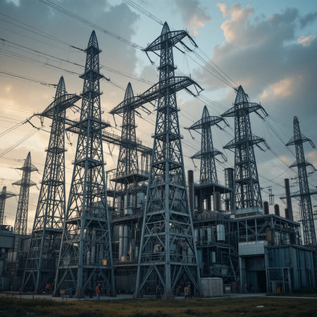 Industrial power station with high voltage power lines and electricity pylonsの素材