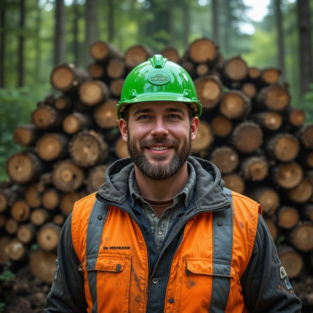 Portrait of a smiling lumberjack in a hard hat standing in a forestの素材