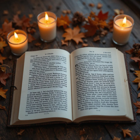 Open book with burning candles and autumn leaves on dark wooden background.の素材