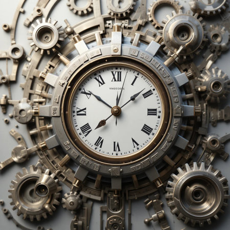 Clock face and gears on gray background, closeup. Time management conceptの素材