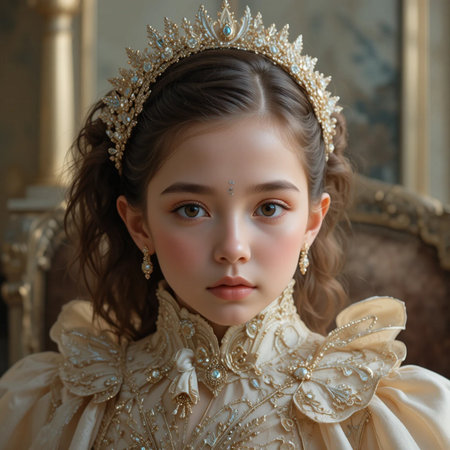 Portrait of a beautiful little princess in a luxurious dress and crown.の素材