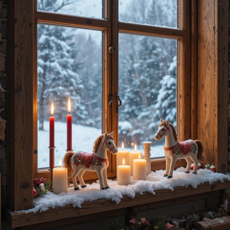 Christmas decoration on the window sill with candles and wooden horses in winterの素材