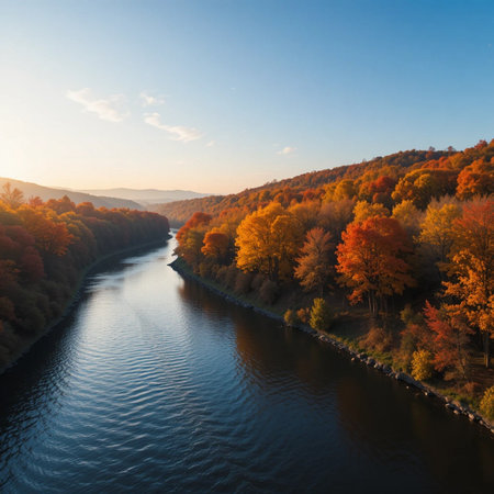 Aerial view of river and autumn forest at sunset. Beautiful nature landscape.の素材