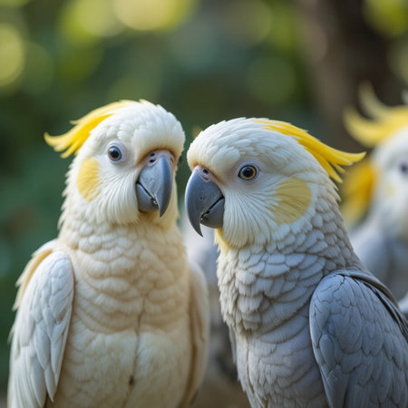 Portrait of two cockatoo parrots in the park.の素材