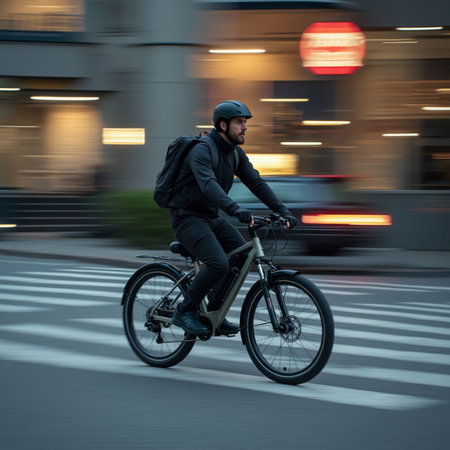 Cyclist in the city at night with motion blur effect.の素材