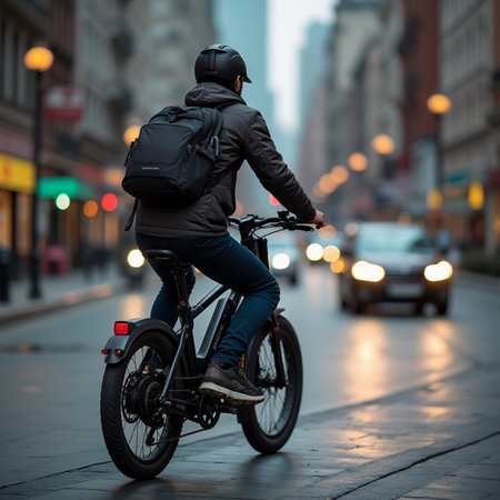 Young man riding a bike in the city at night, rear viewの素材