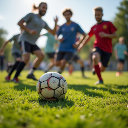Soccer players on the field, focus on ball, shallow depth of fieldの素材