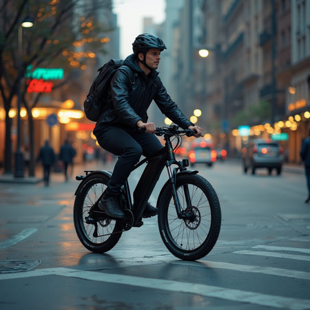 Young man riding a bicycle in the city on a rainy day.の素材