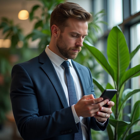 Portrait of handsome young businessman using mobile phone while standing in officeの素材