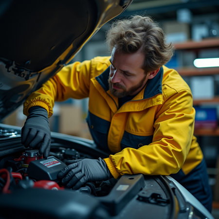 Professional auto mechanic working in auto repair shop, checking car engine.の素材