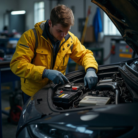auto mechanic working in auto repair service, checking the battery level of a carの素材