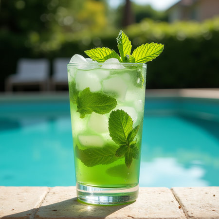 Mojito cocktail with ice and mint leaves on swimming pool backgroundの素材